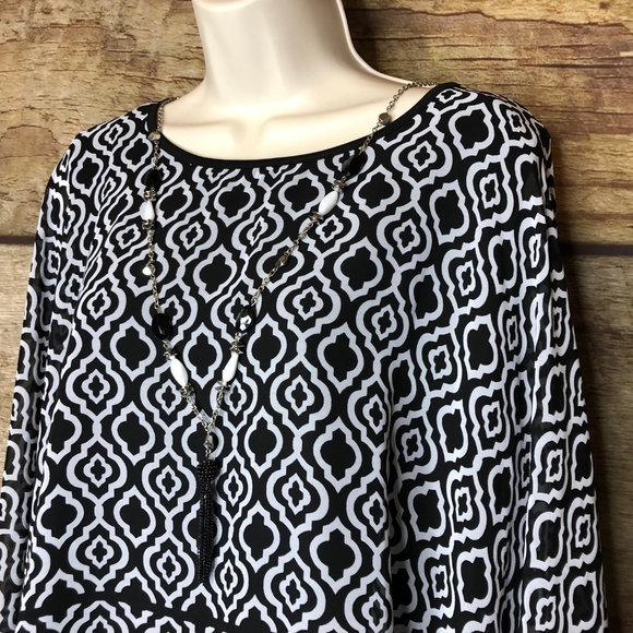 Alfred Dunner Black Geo Blouse Top Poncho Kimono - Picture 2 of 7